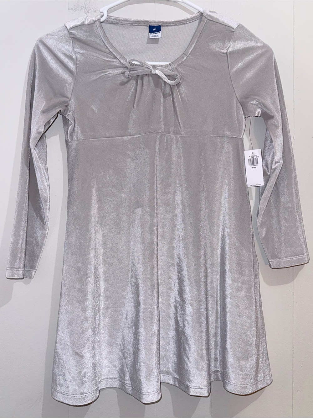 NWT Old Navy Girls Velvet Long Sleeve Tie Neck Swing Dress Silver Gray M 8